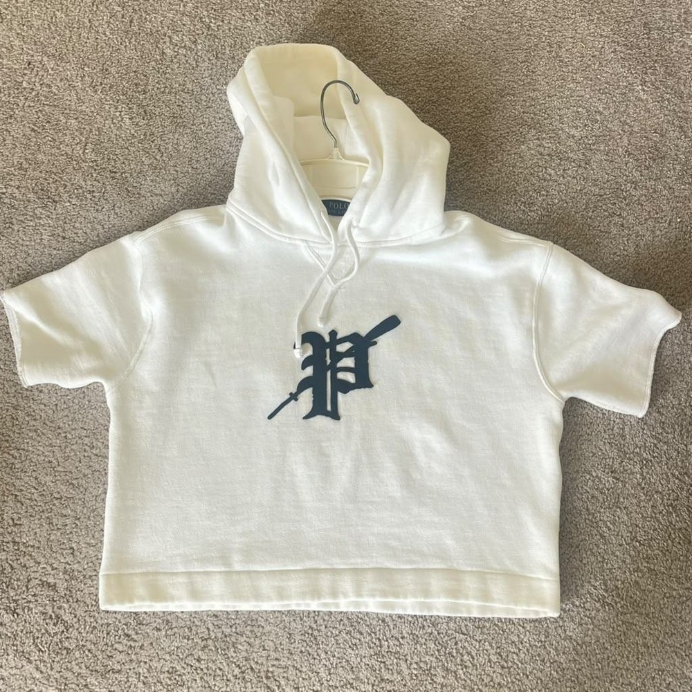 Polo Ralph Lauren White Short Sleeve Cropped Hoodie Graphic Logo Size M